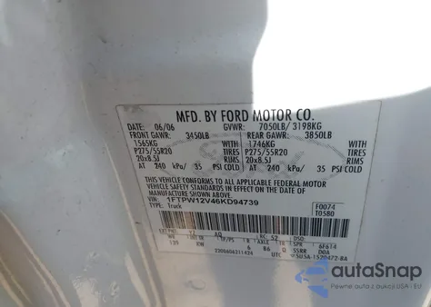 2006 Ford F-150 Lariat/Xlt z USA, uszkodzony, nr VIN 1FTPW12V46KD94739